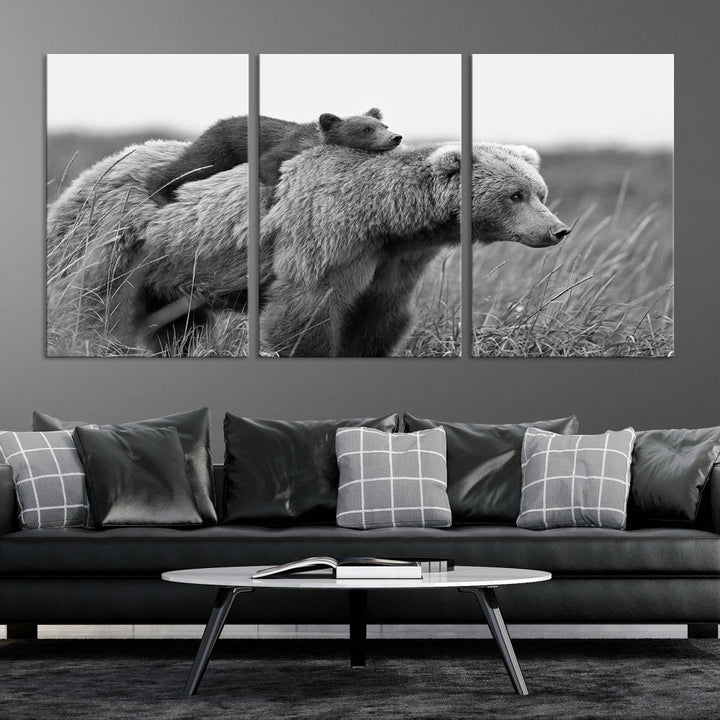 Bear and Cub Canvas Print Black and White Animal Wall Art Cabin Wall Decor