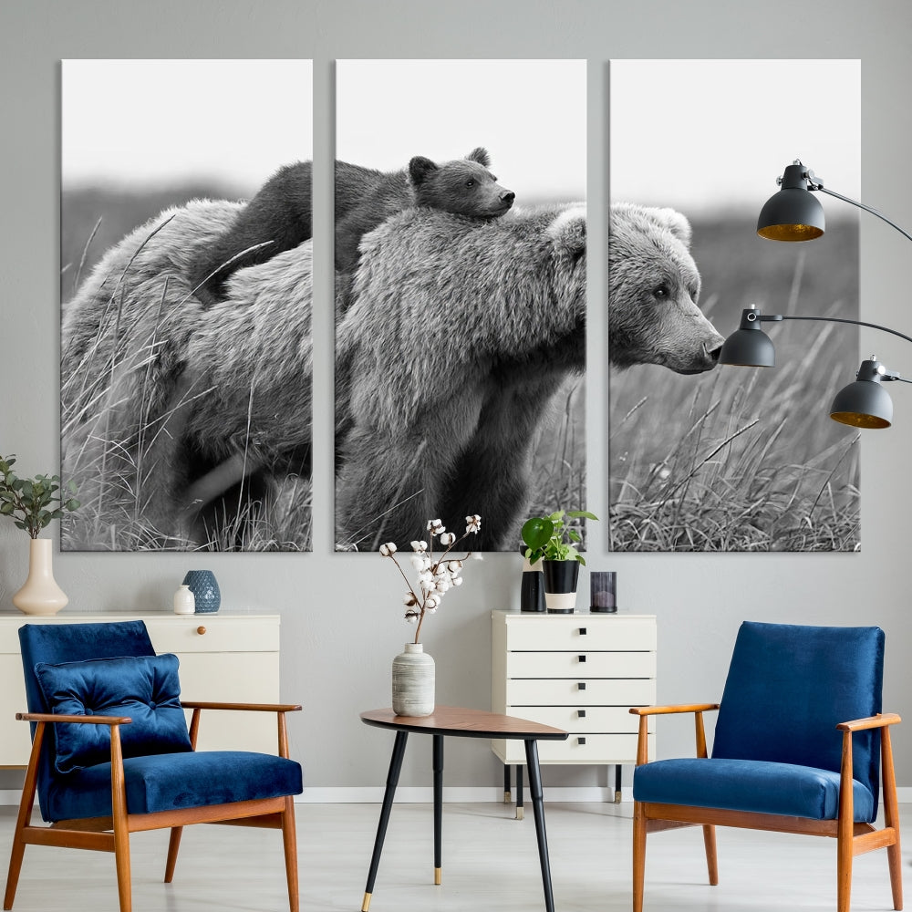 Bear and Cub Canvas Print Black and White Animal Wall Art Cabin Wall Decor