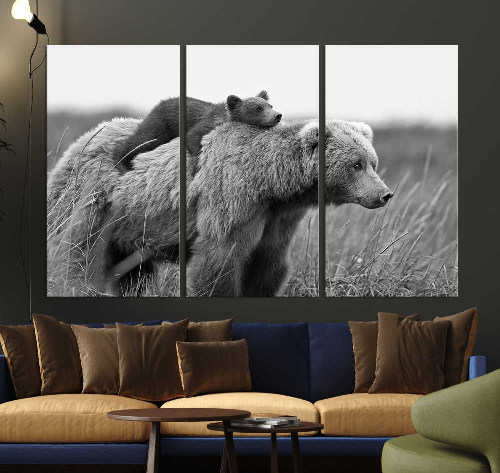 Bear and Cub Canvas Print Black and White Animal Wall Art Cabin Wall Decor