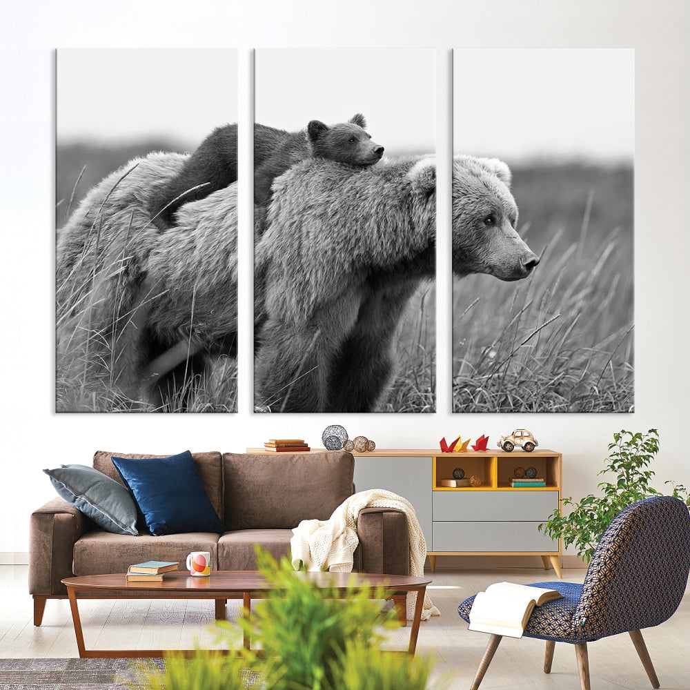 Bear and Cub Canvas Print Black and White Animal Wall Art Cabin Wall Decor