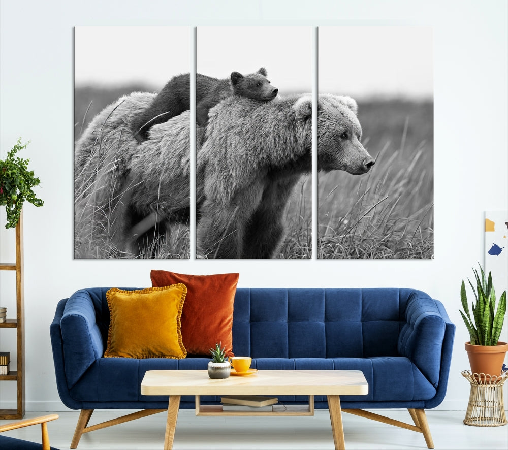 Bear and Cub Canvas Print Black and White Animal Wall Art Cabin Wall Decor