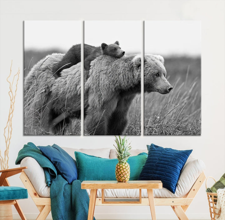 Bear and Cub Canvas Print Black and White Animal Wall Art Cabin Wall Decor