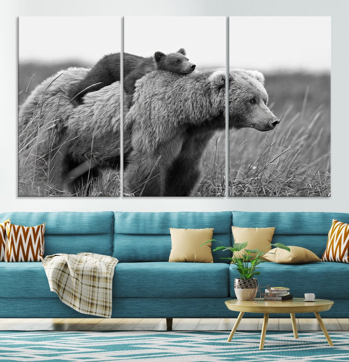 Bear and Cub Canvas Print Black and White Animal Wall Art Cabin Wall Decor