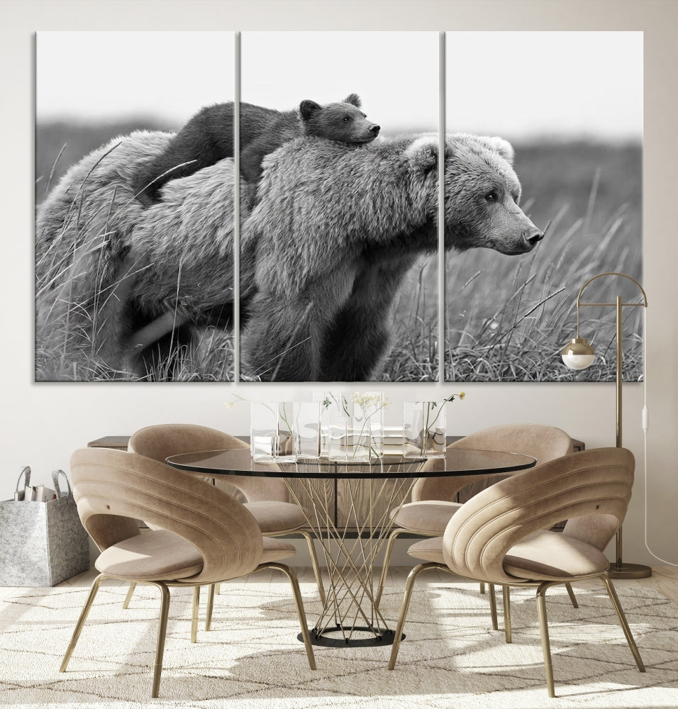 Bear and Cub Canvas Print Black and White Animal Wall Art Cabin Wall Decor