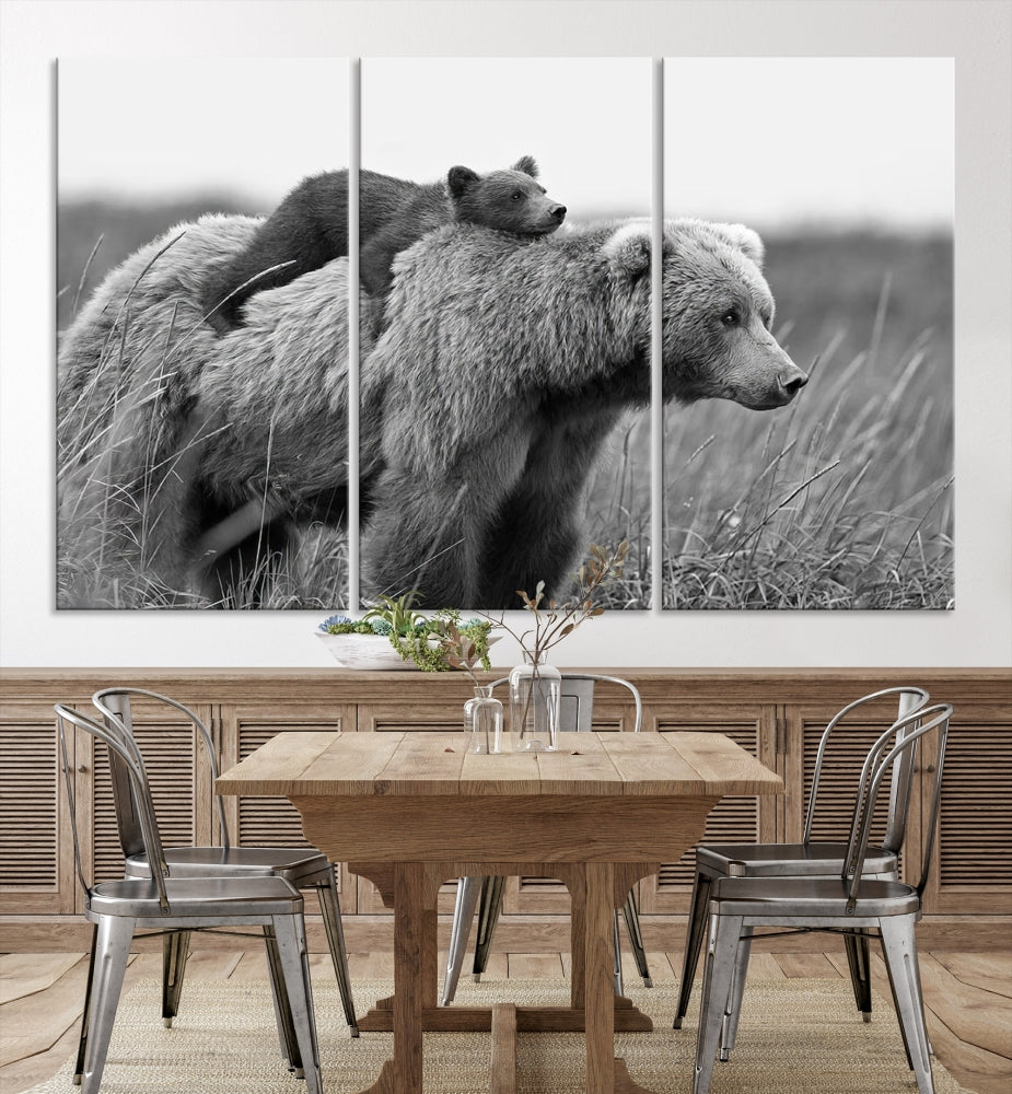 Bear and Cub Canvas Print Black and White Animal Wall Art Cabin Wall Decor