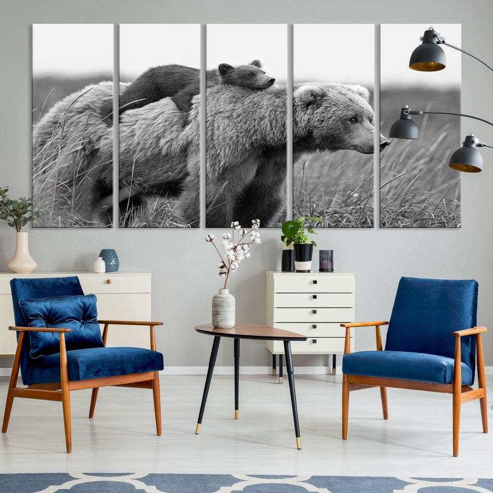 Bear and Cub Canvas Print Black and White Animal Wall Art Cabin Wall Decor