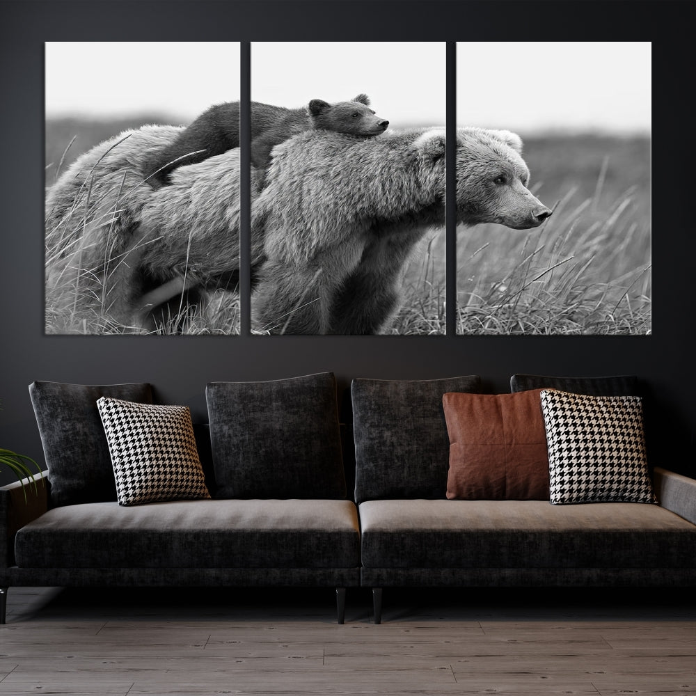 Bear and Cub Canvas Print Black and White Animal Wall Art Cabin Wall Decor