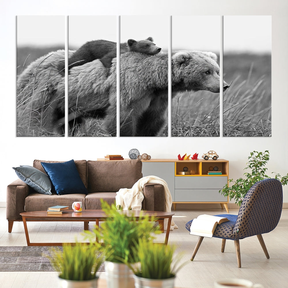 Bear and Cub Canvas Print Black and White Animal Wall Art Cabin Wall Decor