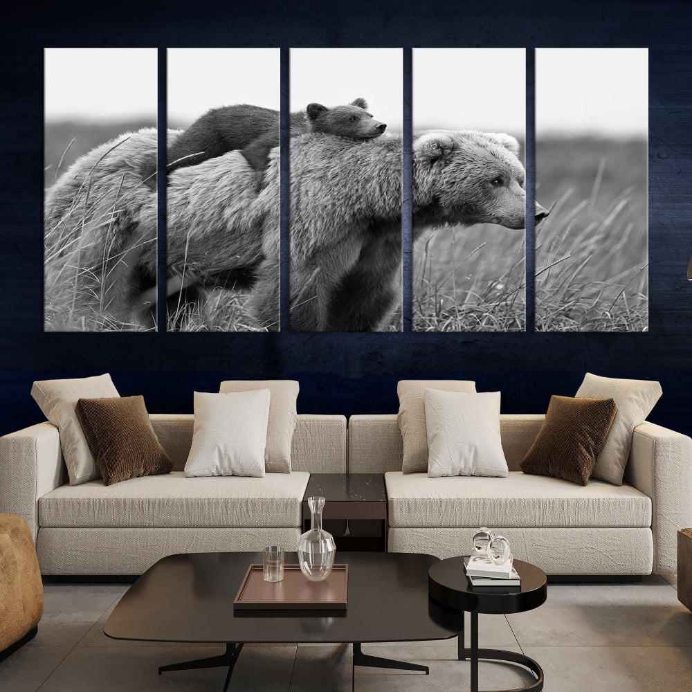 Bear and Cub Canvas Print Black and White Animal Wall Art Cabin Wall Decor