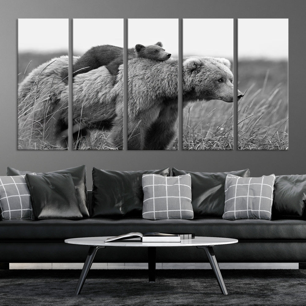 Bear and Cub Canvas Print Black and White Animal Wall Art Cabin Wall Decor