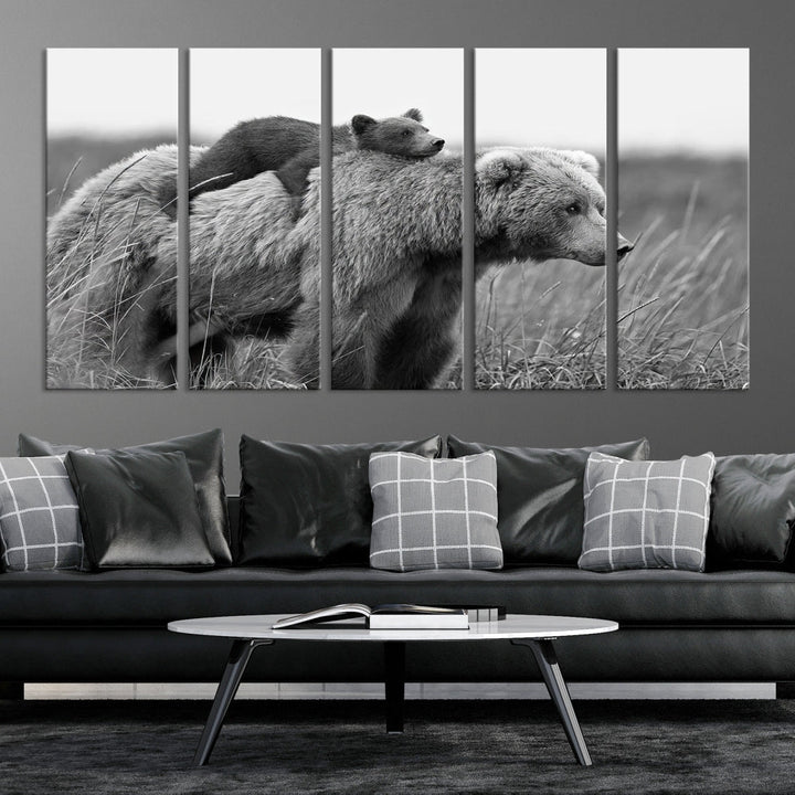 Bear and Cub Canvas Print Black and White Animal Wall Art Cabin Wall Decor