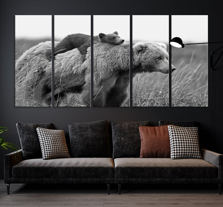 Bear and Cub Canvas Print Black and White Animal Wall Art Cabin Wall Decor