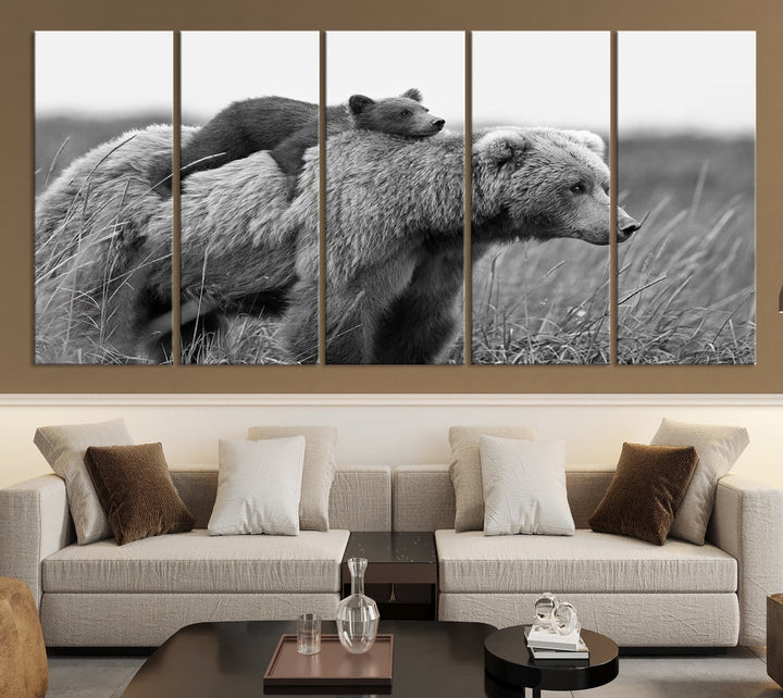 Bear and Cub Canvas Print Black and White Animal Wall Art Cabin Wall Decor