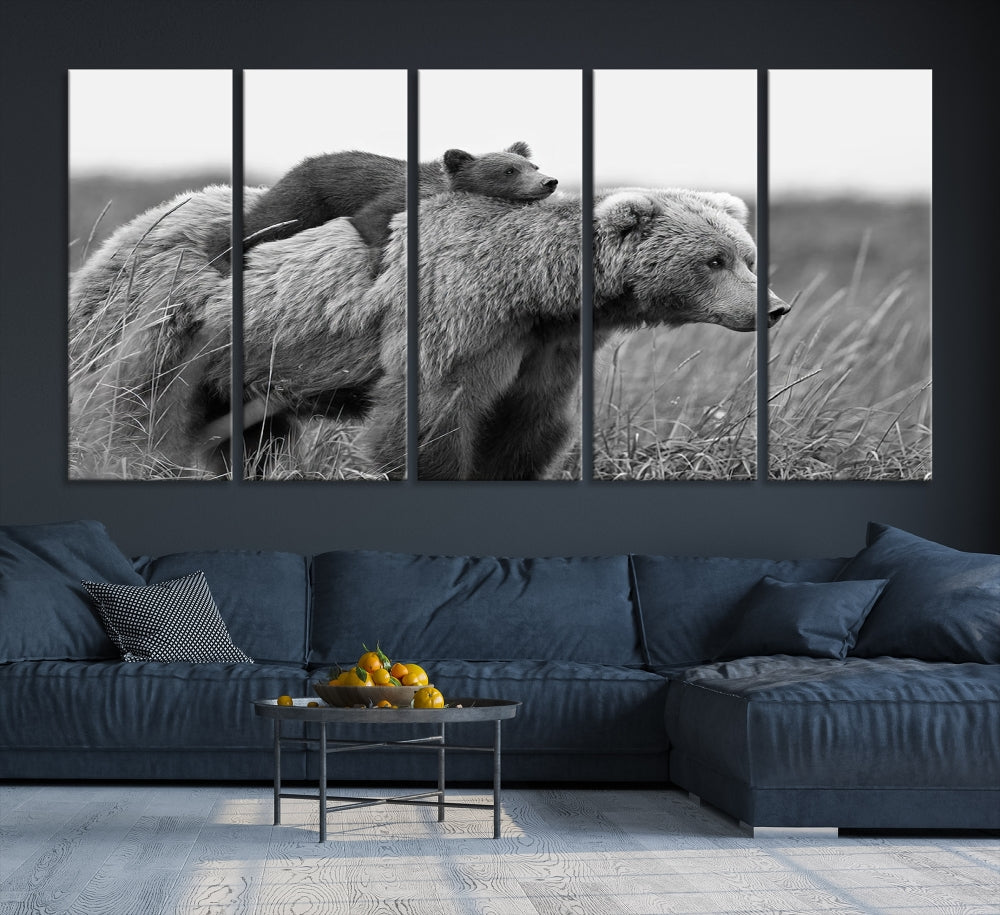 Bear and Cub Canvas Print Black and White Animal Wall Art Cabin Wall Decor