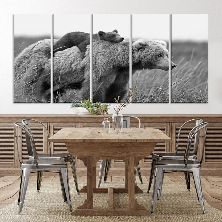 Bear and Cub Canvas Print Black and White Animal Wall Art Cabin Wall Decor