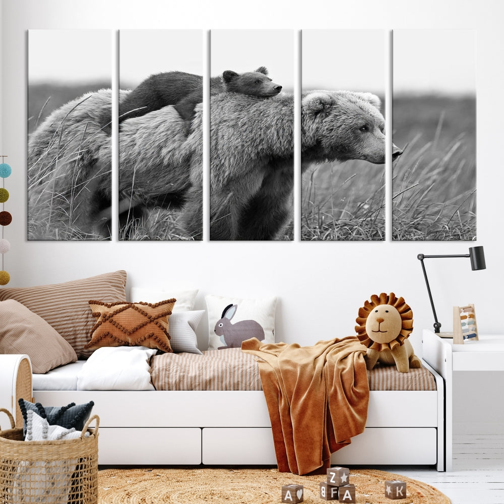 Bear and Cub Canvas Print Black and White Animal Wall Art Cabin Wall Decor