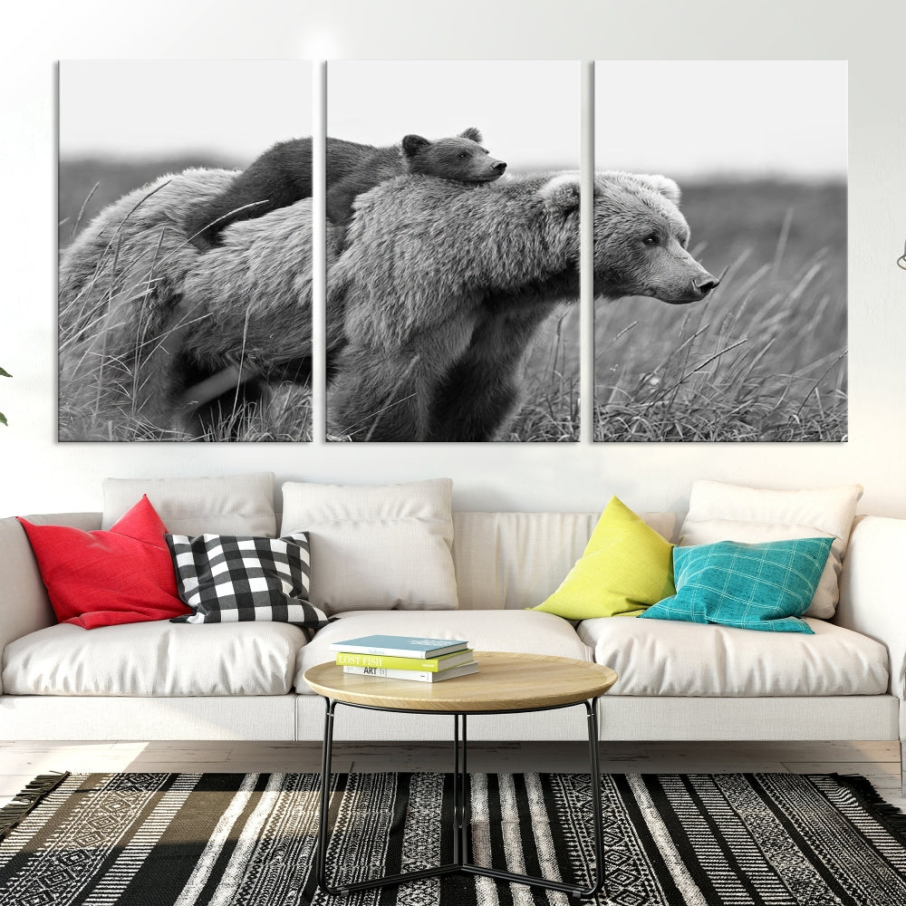 Bear and Cub Canvas Print Black and White Animal Wall Art Cabin Wall Decor