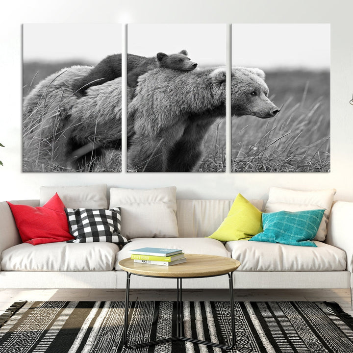 Bear and Cub Canvas Print Black and White Animal Wall Art Cabin Wall Decor