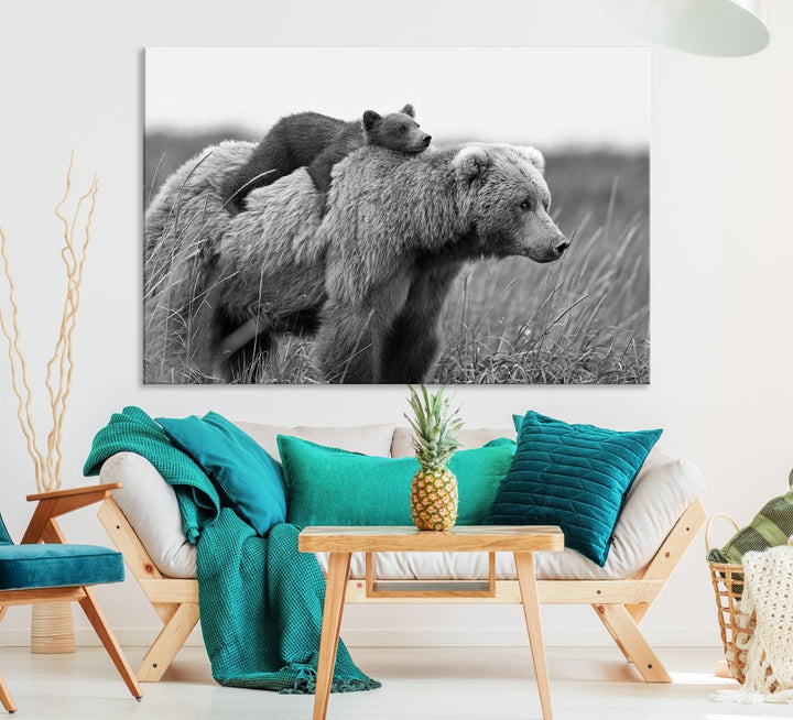 Bear and Cub Canvas Print Black and White Animal Wall Art Cabin Wall Decor