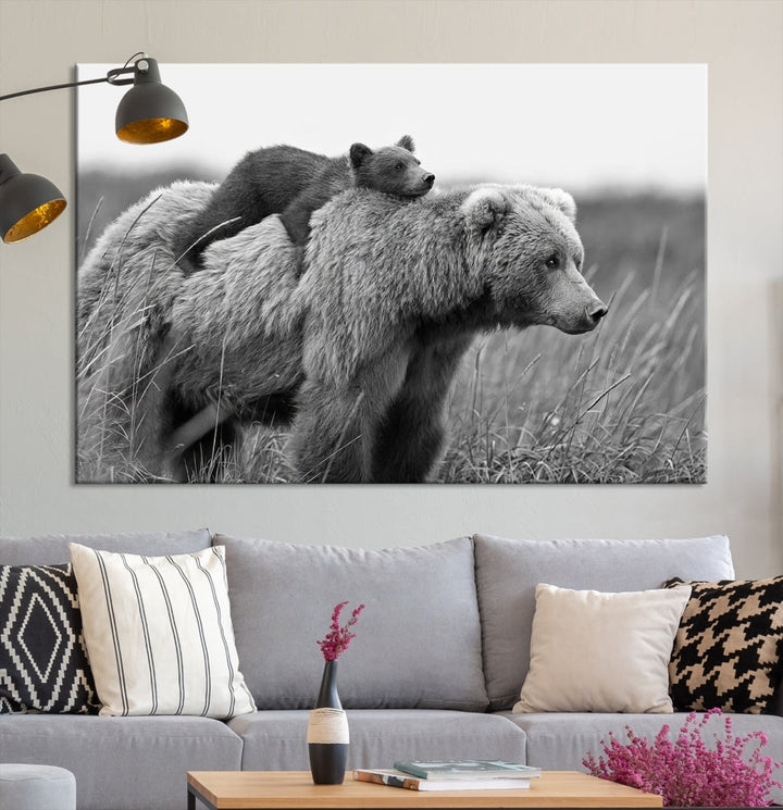 Bear and Cub Canvas Print Black and White Animal Wall Art Cabin Wall Decor