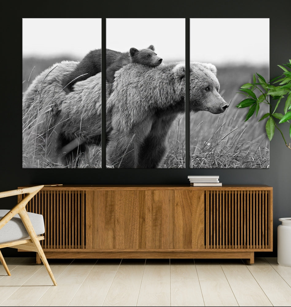 Bear and Cub Canvas Print Black and White Animal Wall Art Cabin Wall Decor