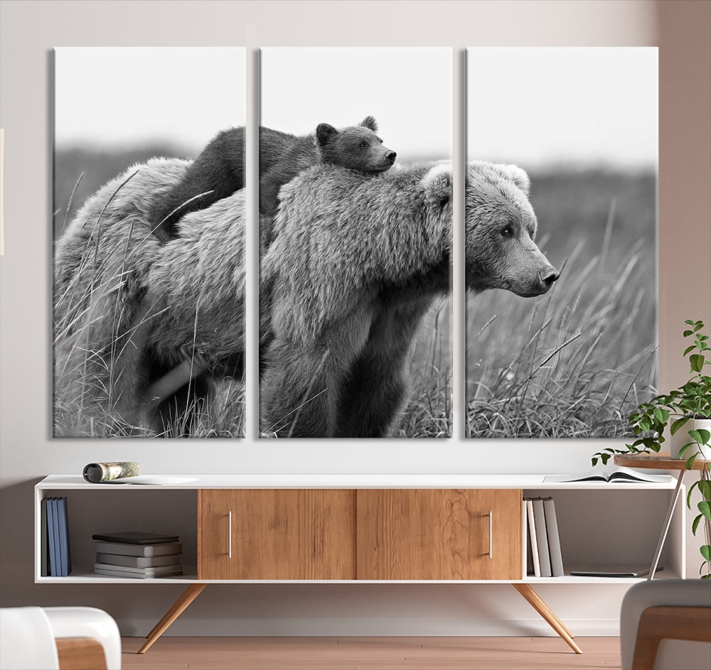 Bear and Cub Canvas Print Black and White Animal Wall Art Cabin Wall Decor