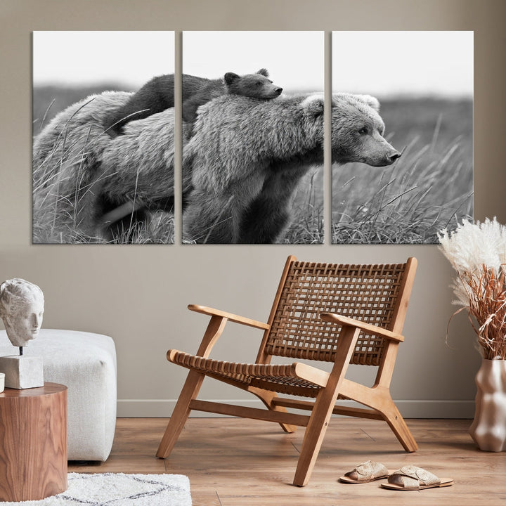 Bear and Cub Canvas Print Black and White Animal Wall Art Cabin Wall Decor