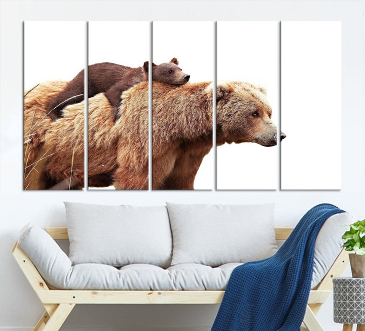 Mama Bear and Cub Wildllife Picture Printed on Canvas Framed Animal Wall Art