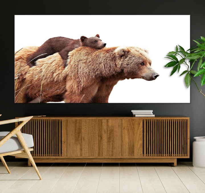 Mama Bear and Cub Wildllife Picture Printed on Canvas Framed Animal Wall Art