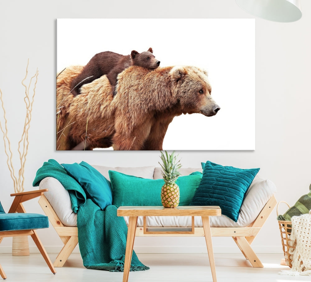 Mama Bear and Cub Wildllife Picture Printed on Canvas Framed Animal Wall Art