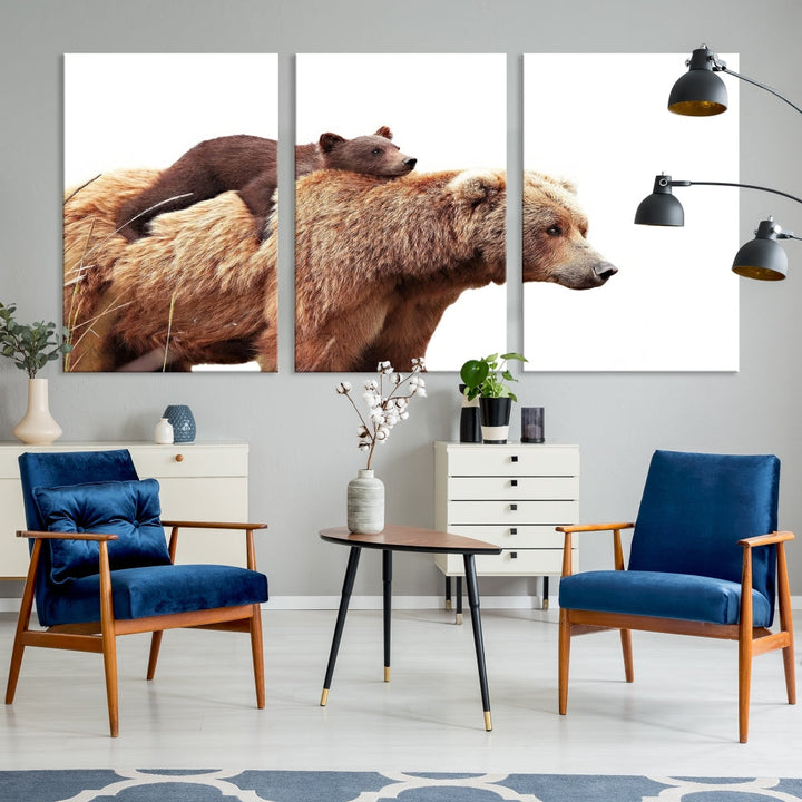 Mama Bear and Cub Wildllife Picture Printed on Canvas Framed Animal Wall Art