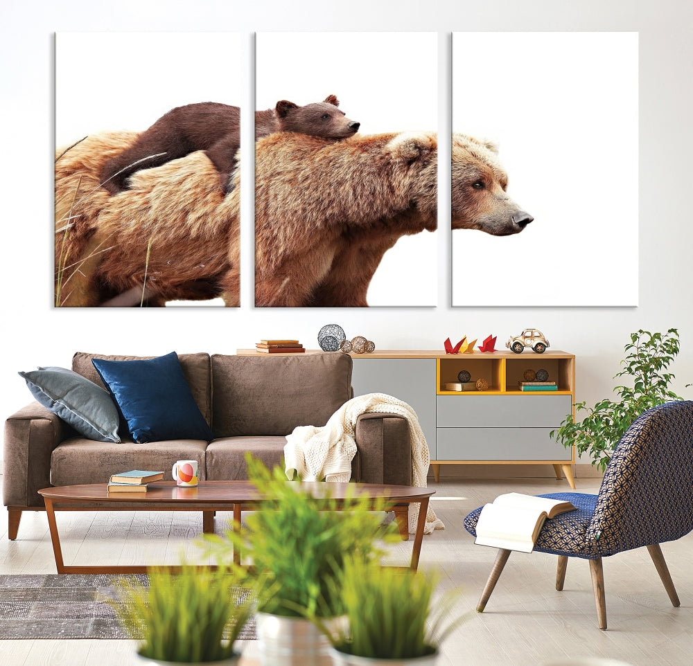 Mama Bear and Cub Wildllife Picture Printed on Canvas Framed Animal Wall Art