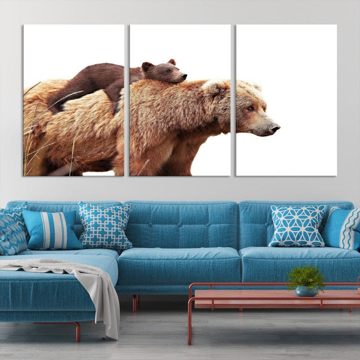 Mama Bear and Cub Wildllife Picture Printed on Canvas Framed Animal Wall Art