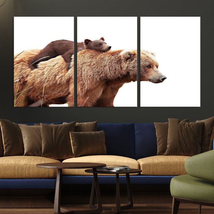 Mama Bear and Cub Wildllife Picture Printed on Canvas Framed Animal Wall Art