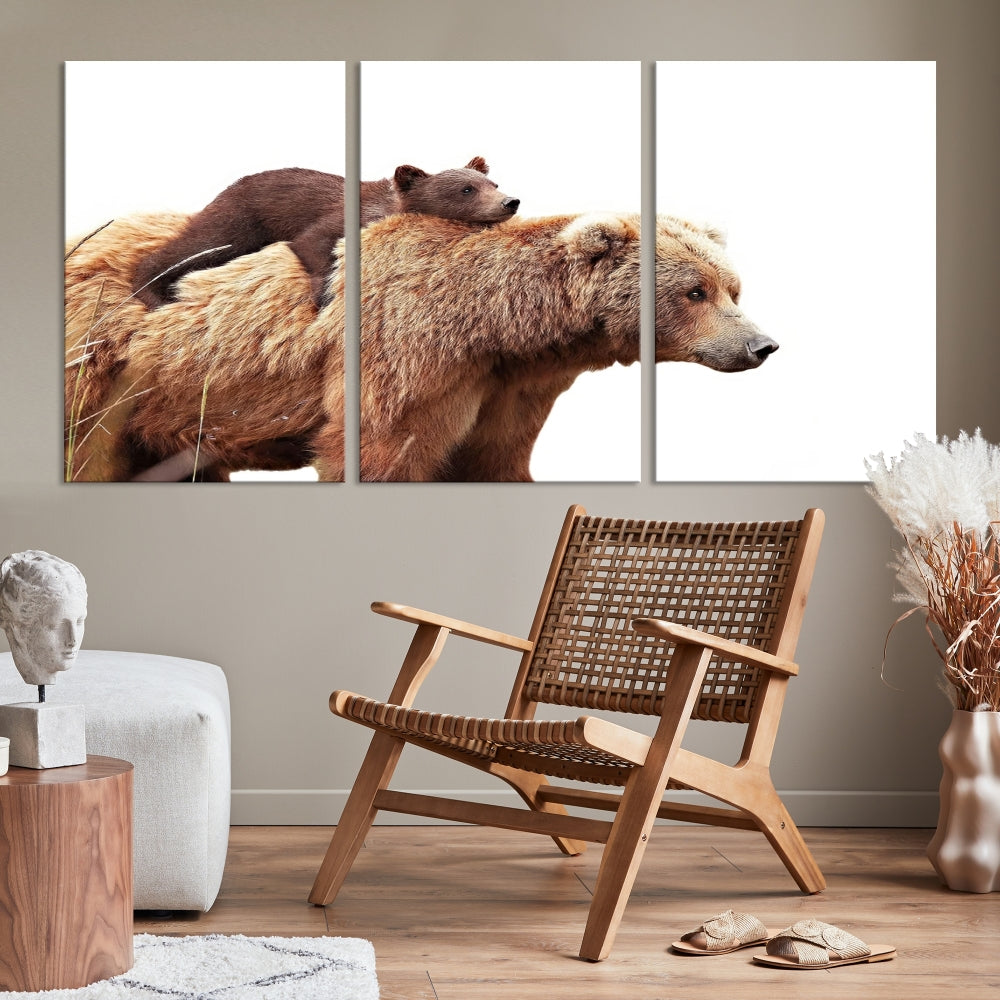 Mama Bear and Cub Wildllife Picture Printed on Canvas Framed Animal Wall Art