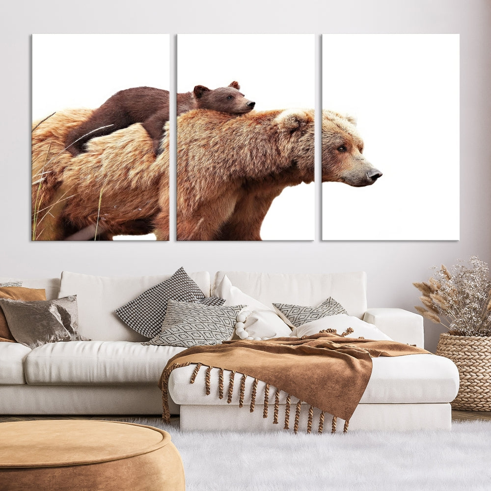 Mama Bear and Cub Wildllife Picture Printed on Canvas Framed Animal Wall Art