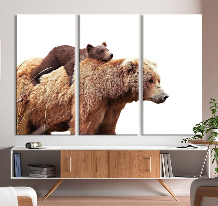 Mama Bear and Cub Wildllife Picture Printed on Canvas Framed Animal Wall Art