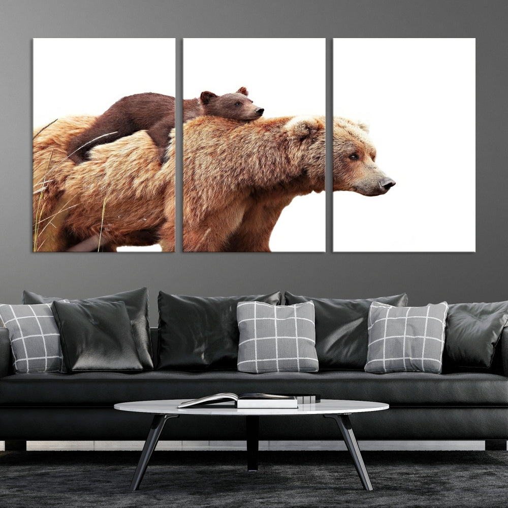 Mama Bear and Cub Wildllife Picture Printed on Canvas Framed Animal Wall Art