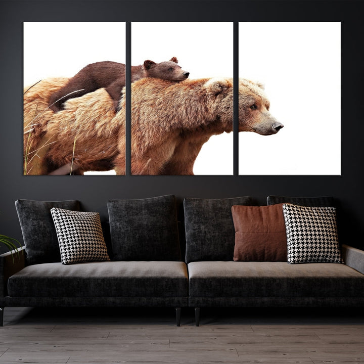 Mama Bear and Cub Wildllife Picture Printed on Canvas Framed Animal Wall Art