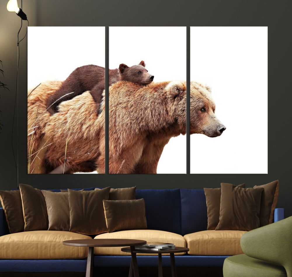 Mama Bear and Cub Wildllife Picture Printed on Canvas Framed Animal Wall Art