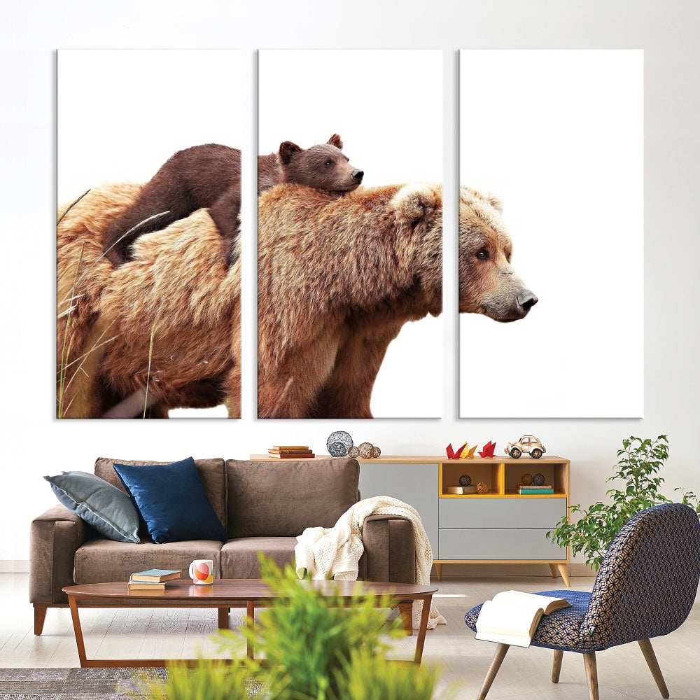 Mama Bear and Cub Wildllife Picture Printed on Canvas Framed Animal Wall Art