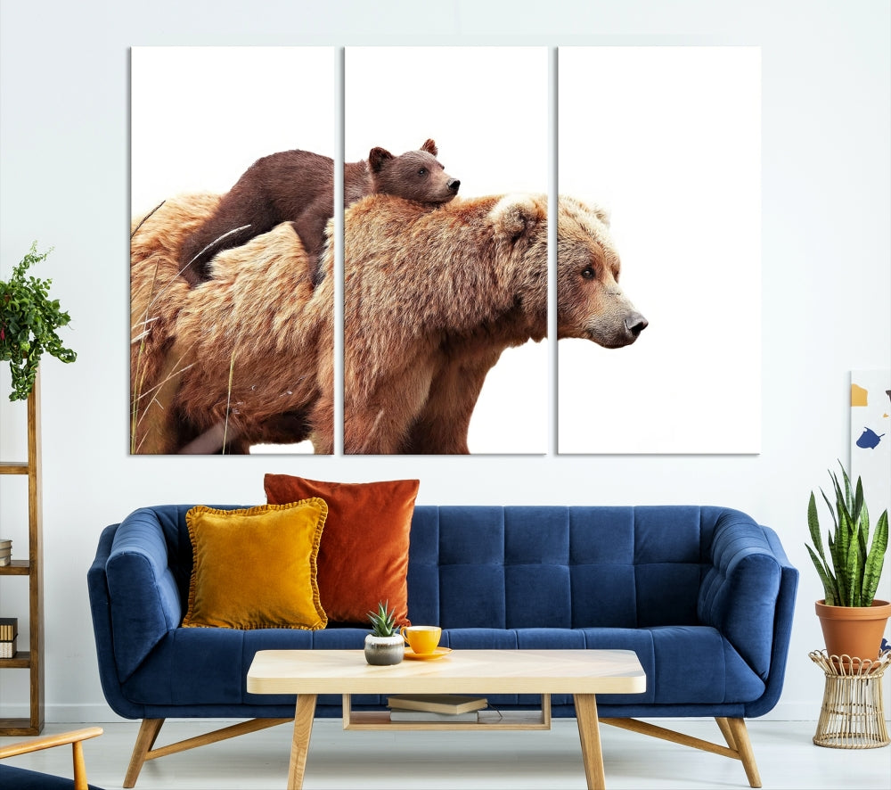 Mama Bear and Cub Wildllife Picture Printed on Canvas Framed Animal Wall Art