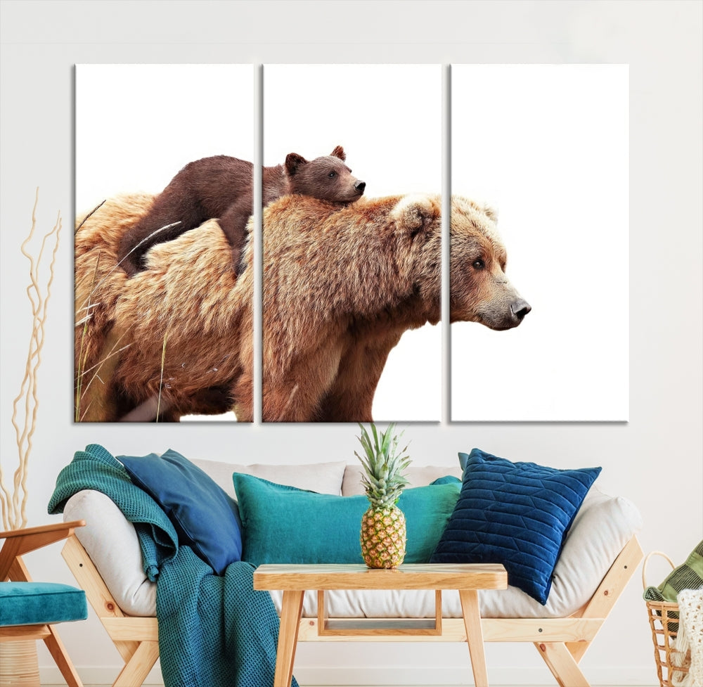 Mama Bear and Cub Wildllife Picture Printed on Canvas Framed Animal Wall Art