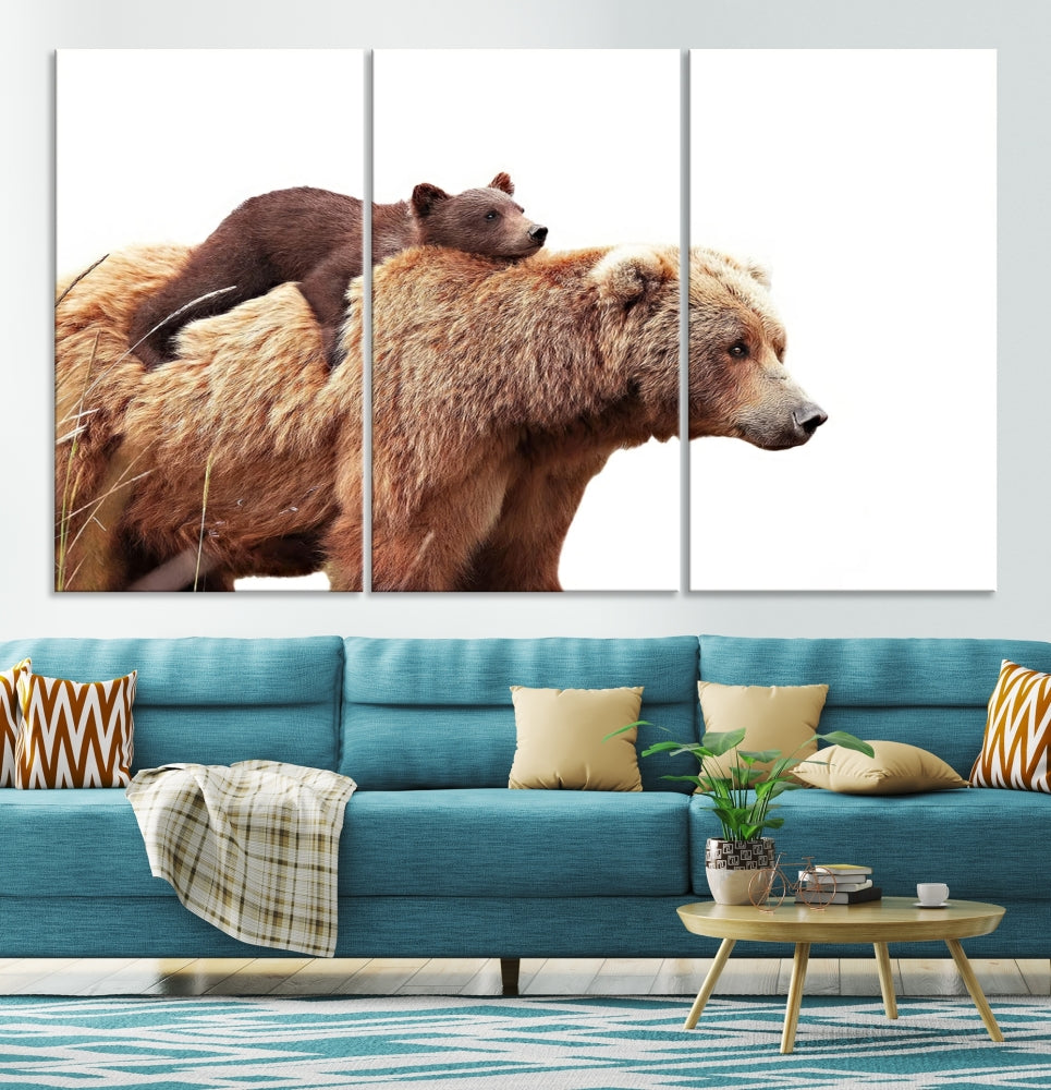 Mama Bear and Cub Wildllife Picture Printed on Canvas Framed Animal Wall Art