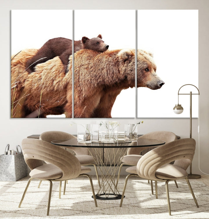 Mama Bear and Cub Wildllife Picture Printed on Canvas Framed Animal Wall Art