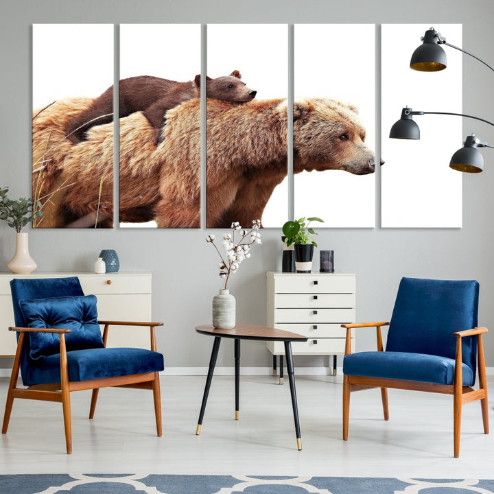 Mama Bear and Cub Wildllife Picture Printed on Canvas Framed Animal Wall Art