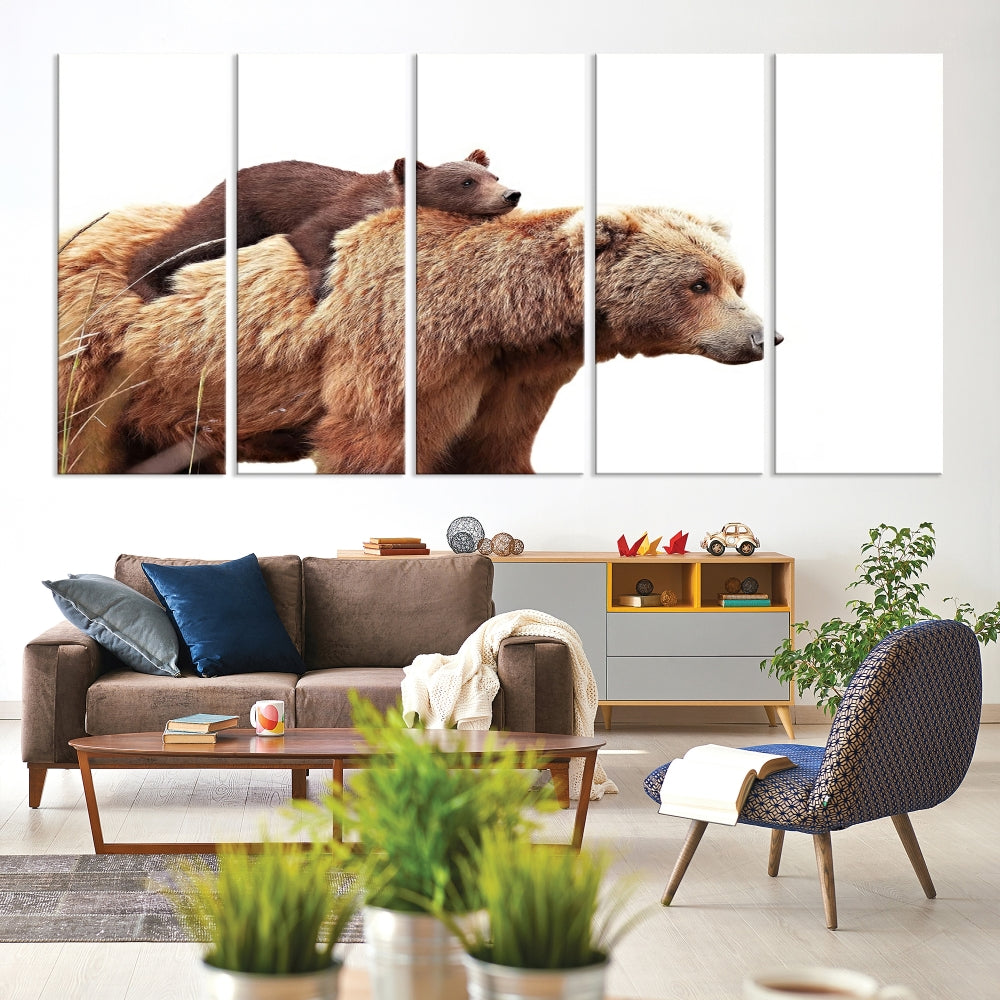 Mama Bear and Cub Wildllife Picture Printed on Canvas Framed Animal Wall Art