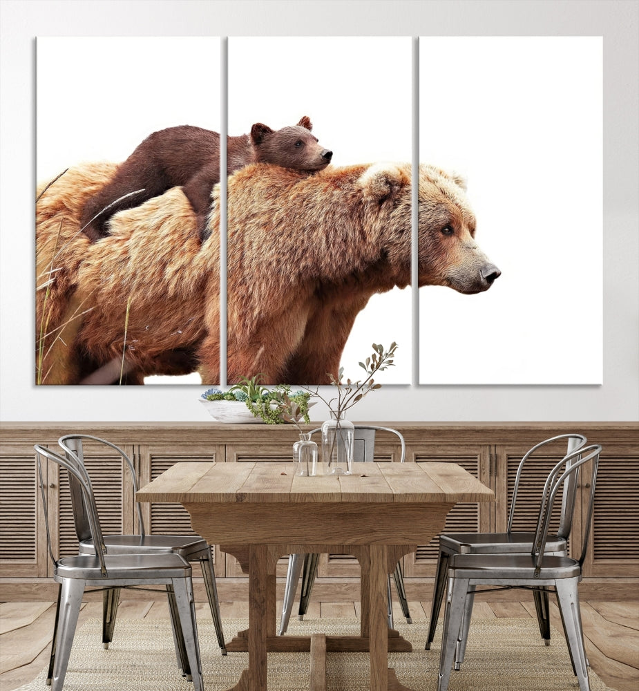 Mama Bear and Cub Wildllife Picture Printed on Canvas Framed Animal Wall Art