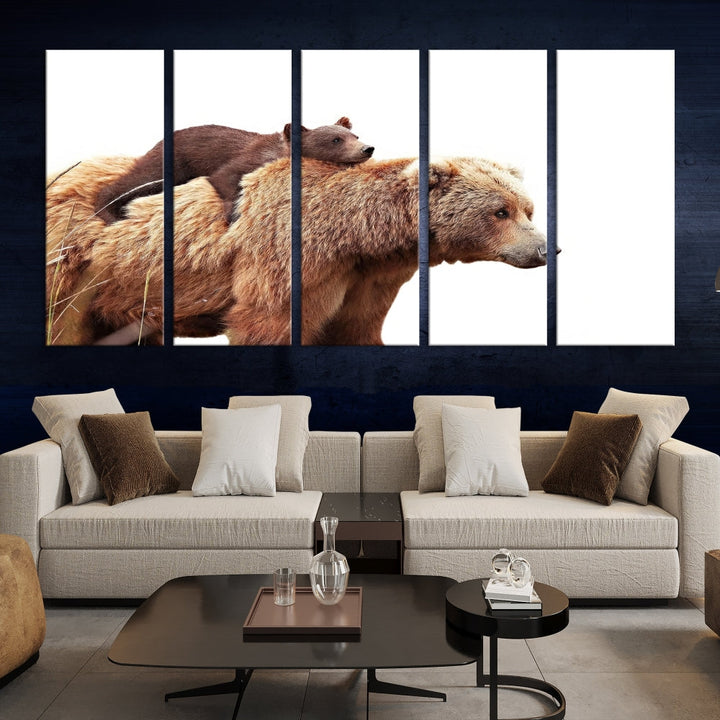 Mama Bear and Cub Wildllife Picture Printed on Canvas Framed Animal Wall Art