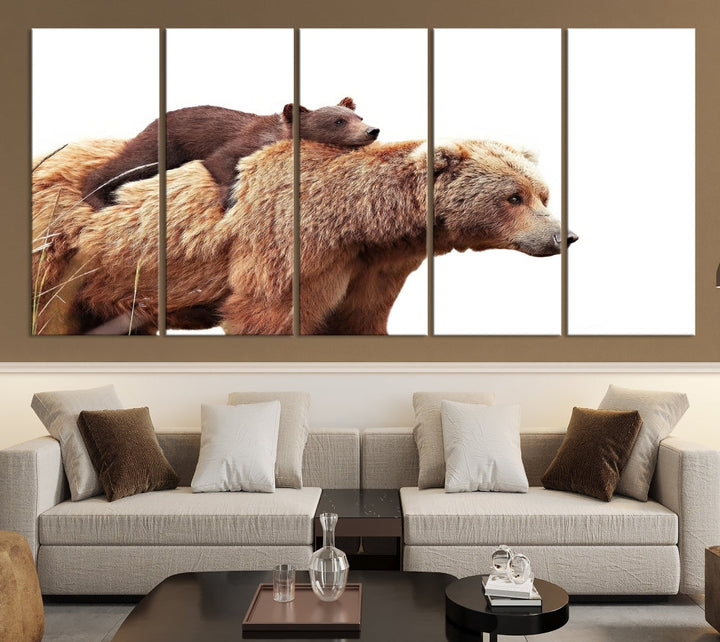 Mama Bear and Cub Wildllife Picture Printed on Canvas Framed Animal Wall Art